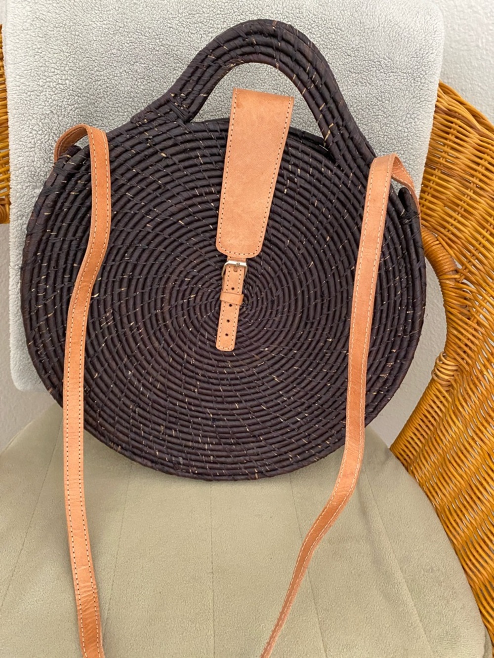 Round Woven Crossbody Bag with Tan Leather Trim